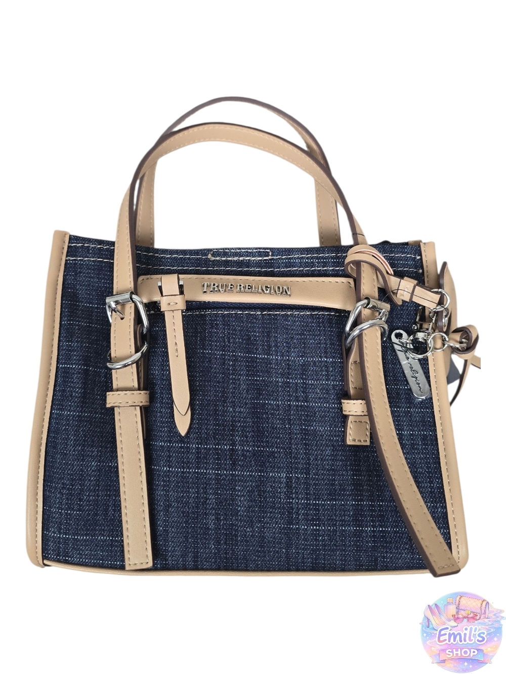 True Religion Denim Mini Clutch Purse with Tan Leather Trim